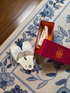 Tory Burch Ivory Crochet Slide Sandals